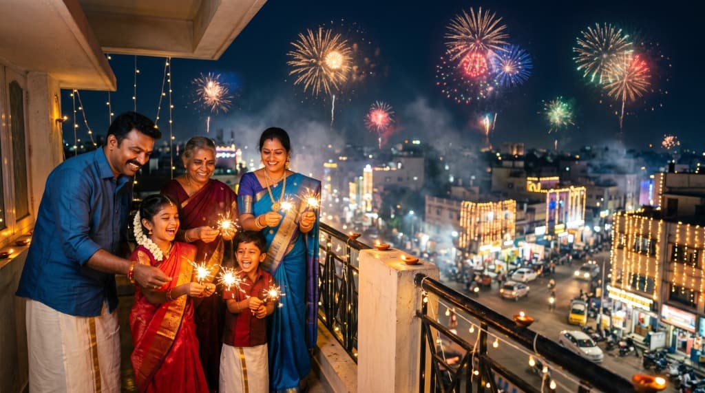 Joyful family in traditional festive silk attire celebrating Diwali with sparklers and fireworks